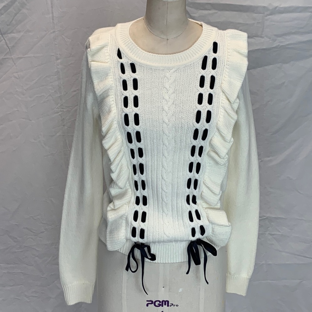 Maison Jules ivory knit sweater with black velvet ribbon detail